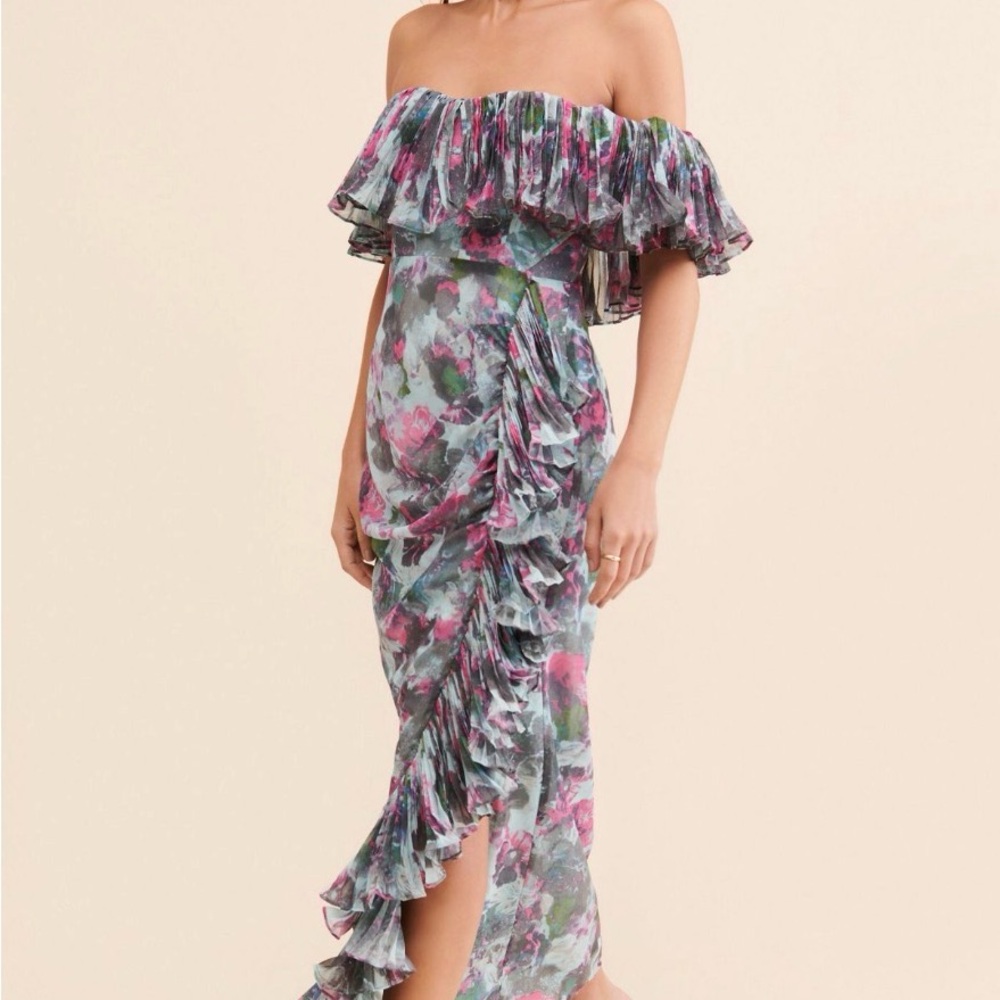 Hutch Off-Shoulder Floral Ruffle Maxi Dress in Pink, Green, Blue